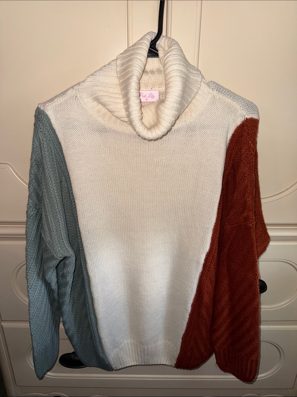 Pink Lily Ivory, Sage & Rust Colorblock Cowl Neck Sweater